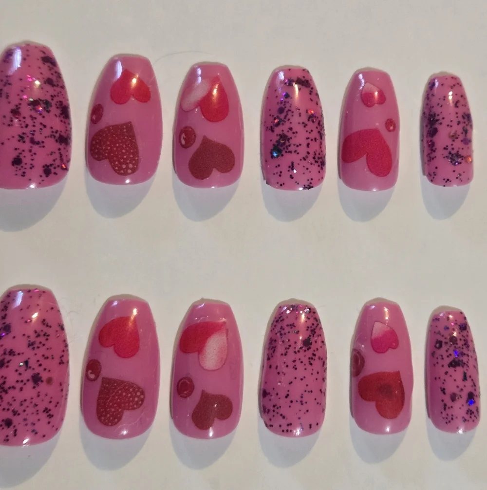 Pink Heart and Glitter Press-On Nails